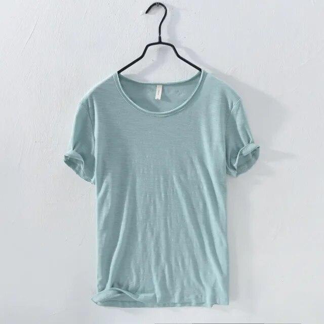 Liyugen Men's O-Neck Casual Retro Raw Edge T-Shirt  Cotton Lightweight Breathable Slim-fit Monochromatic Basic Top L lichtgroene kleur