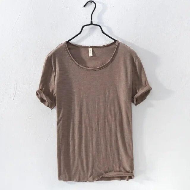 Liyugen Men's O-Neck Casual Retro Raw Edge T-Shirt  Cotton Lightweight Breathable Slim-fit Monochromatic Basic Top L koffie