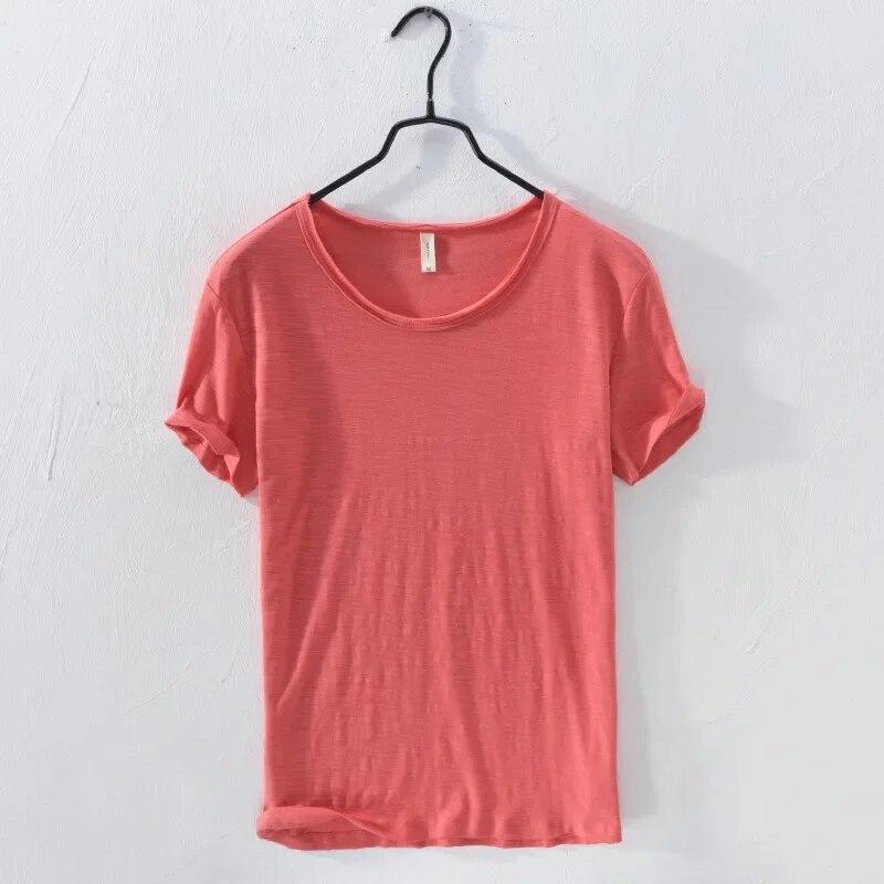 Liyugen Men's O-Neck Casual Retro Raw Edge T-Shirt  Cotton Lightweight Breathable Slim-fit Monochromatic Basic Top M rood