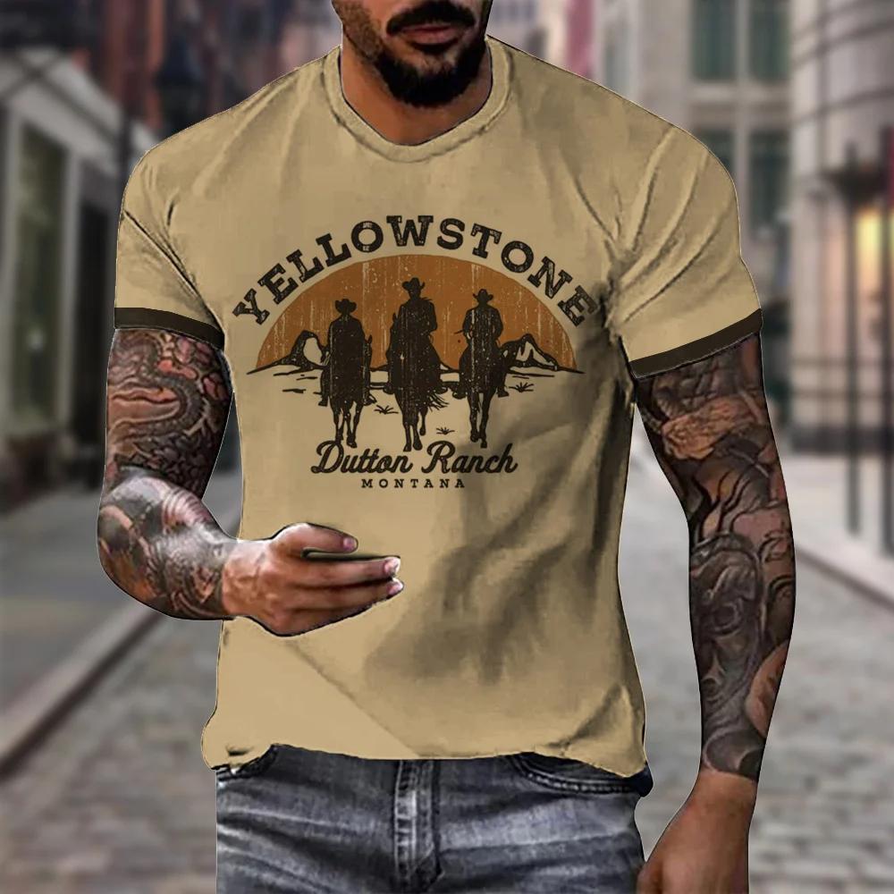 ETST 005 Nieuwe Vintage Stijl T-shirt Voor Heren Yellowstone National Park 3D Print Cowboy T-shirt Oversized Korte Mouw Top Casual Streetwear L