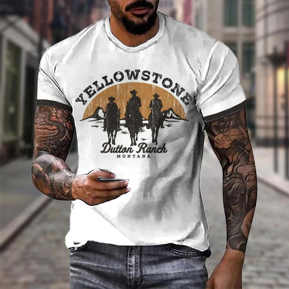 ETST 005 Nieuwe Vintage Stijl T-shirt Voor Heren Yellowstone National Park 3D Print Cowboy T-shirt Oversized Korte Mouw Top Casual Streetwear XL