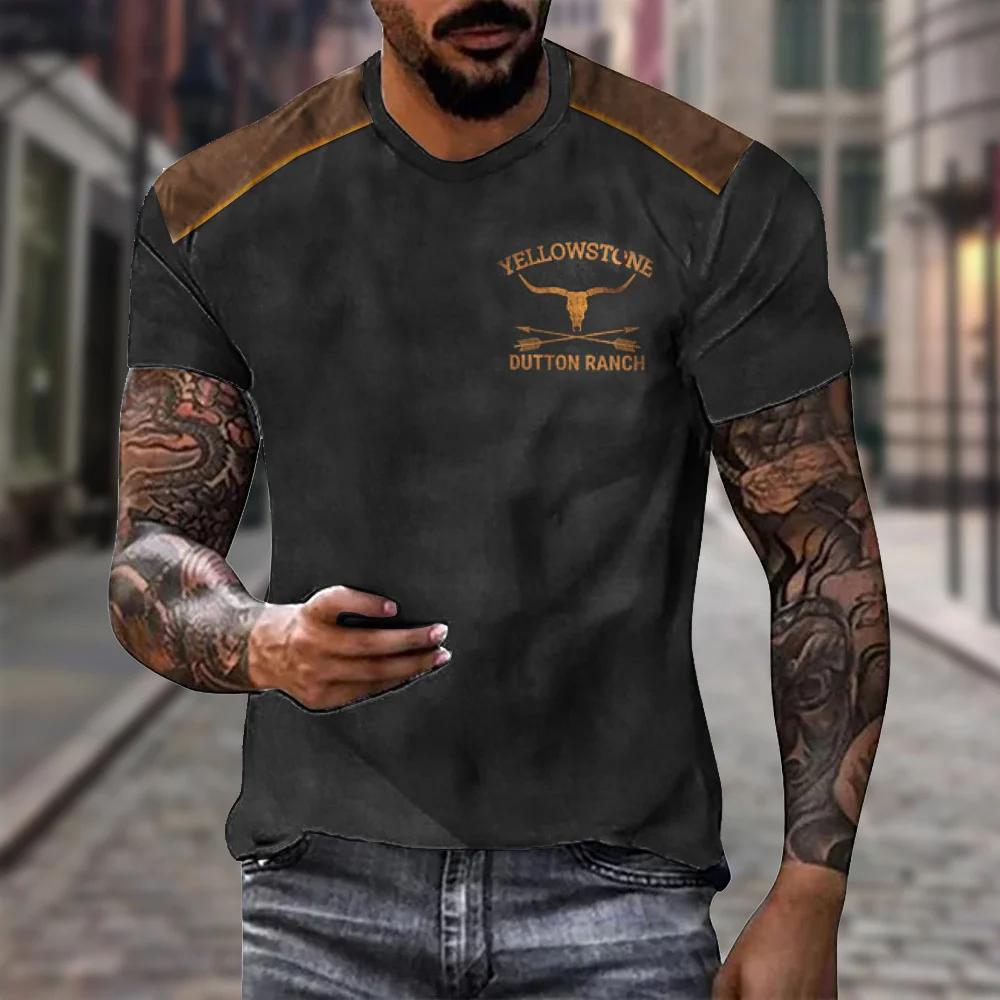 ETST 005 Nieuwe Vintage Stijl T-shirt Voor Heren Yellowstone National Park 3D Print Cowboy T-shirt Oversized Korte Mouw Top Casual Streetwear XL