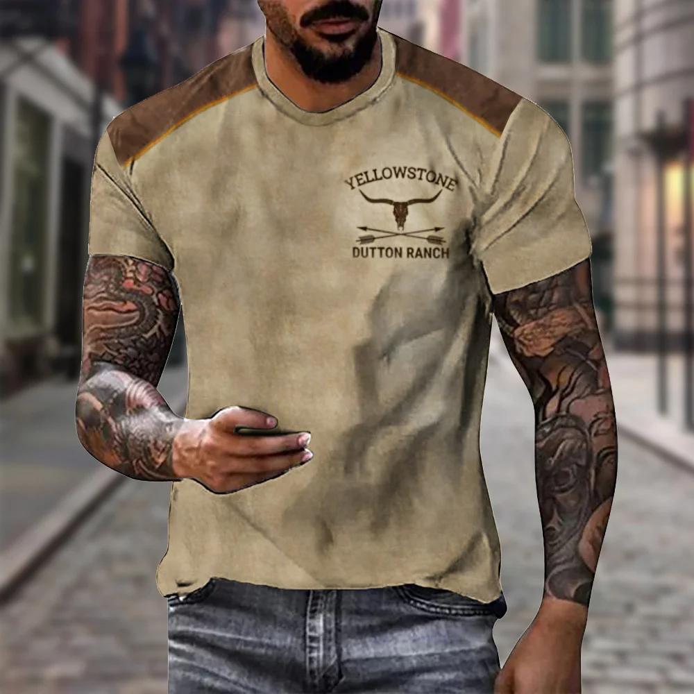 ETST 005 Nieuwe Vintage Stijl T-shirt Voor Heren Yellowstone National Park 3D Print Cowboy T-shirt Oversized Korte Mouw Top Casual Streetwear L
