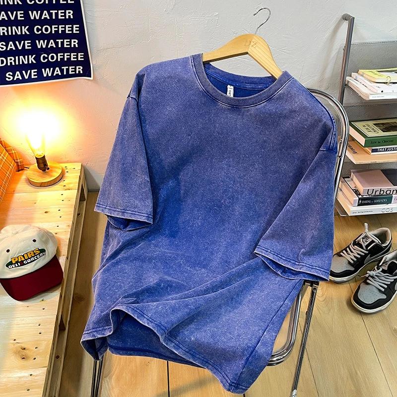 King Billion Katoenen gewassen heren T-shirts Vintage effen T-shirts Casual Harajuku Retro korte mouw top Losse basic ronde hals XXL blauw