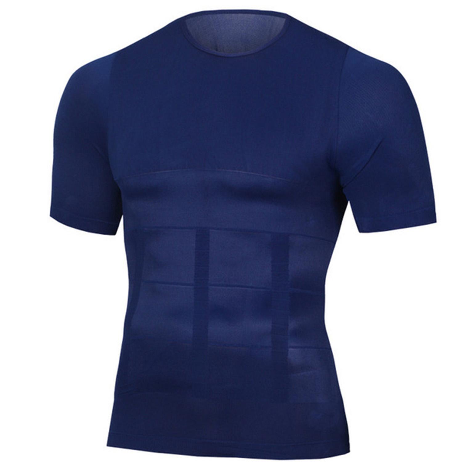 Lilvigor Shapewear Heren Compressie Shirt Ondershirt Afslankend Tank Top Workout Vest Abs Abdomen Slim Body Shaper Korte Mouw T-shirt L blauw