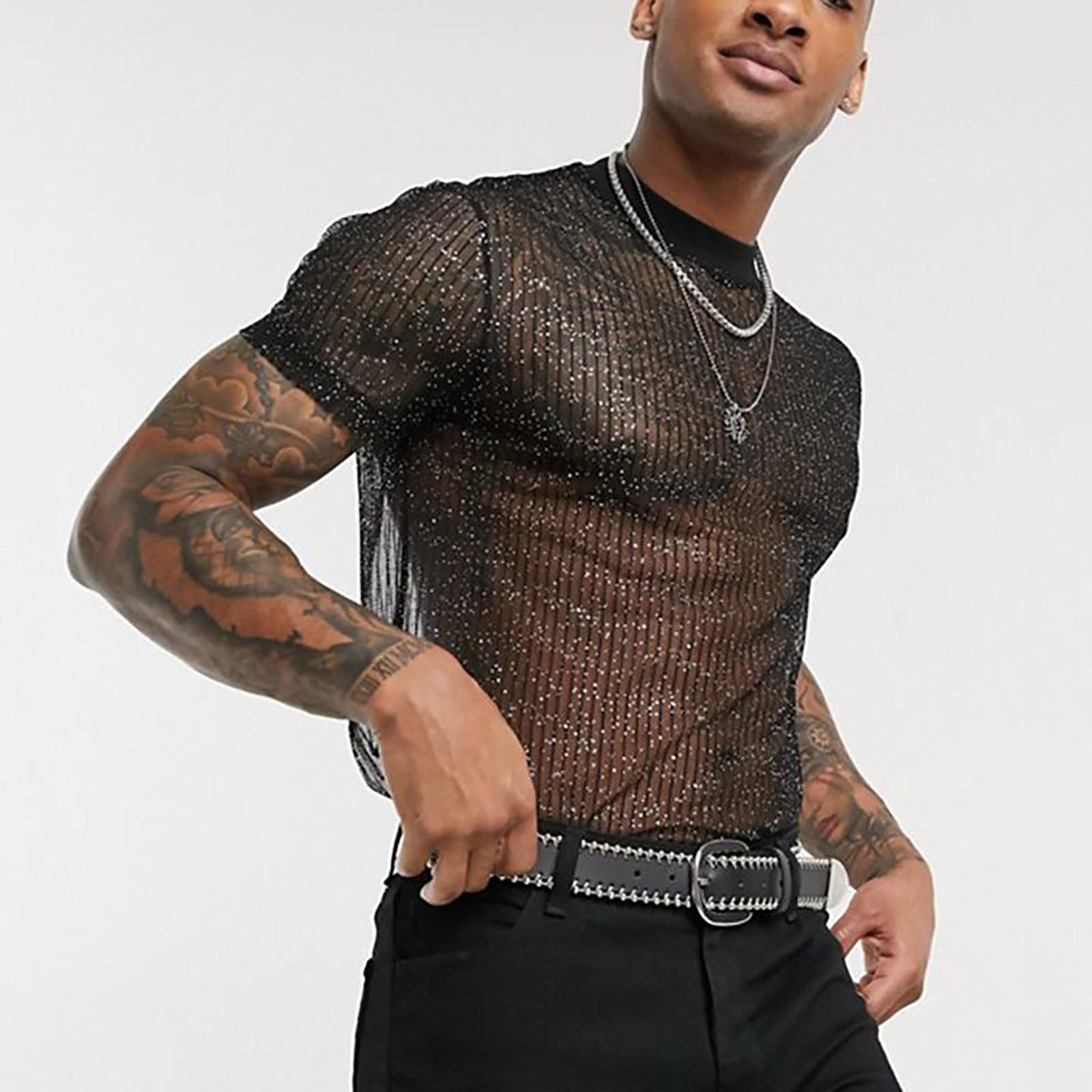 Azmnsn Heren Sexy Heren Nachtclub Stijl T-shirt Mesh Dun Ademend Mode Nachtclub Feest Bottoming Shirt XXXXL zwart
