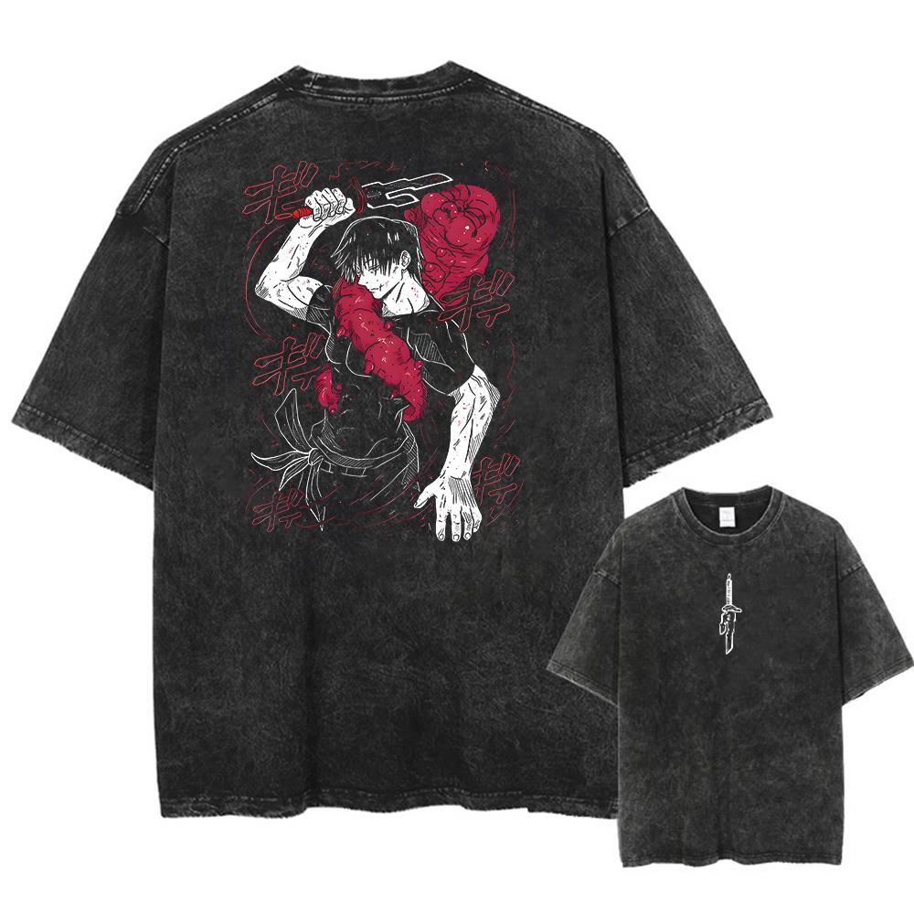Washed Vintage T Shirt Exclusive NO.1 Men Streetwear Washed Acid Oversized T Shirt Japanese Anime Retro Worn Graphic Print T-Shirt Short Sleeve Tees XL