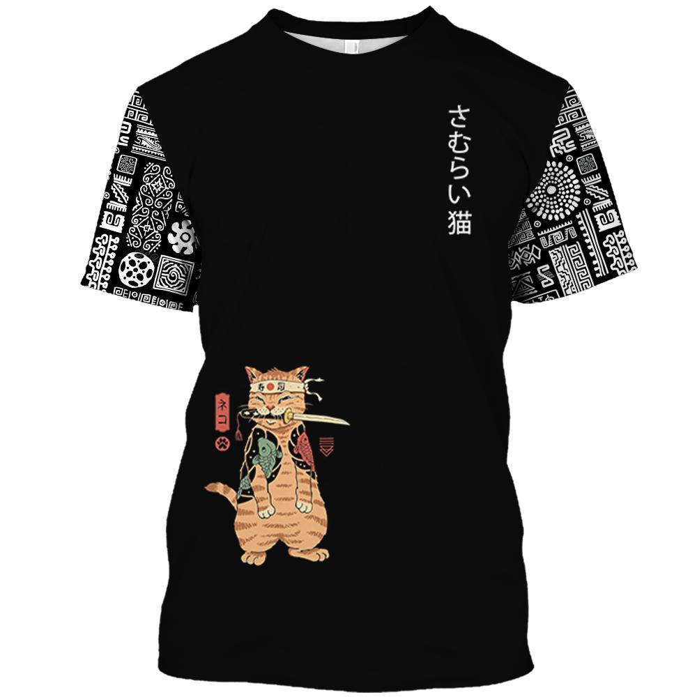 ETST 012 Cartoon Anime Samurai Kat Gedrukte T-shirt Voor Mannen Outdoor Hip Hop Harajuku Vintage Kleding Casual O-hals Losse Korte mouw Tees 4XL