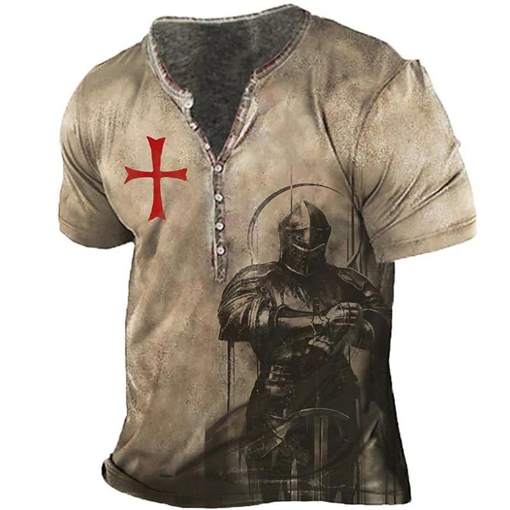 Haodingfushi Mannen Kleding Mode Polyester V Kraag Knop T-shirt, Mannen Casual Vintage Stijl Punk T-shirt, Mannen Fitness T-shirt. M