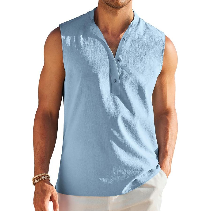 HerSight Lente Zomer Strand Heren Half Open Kraag Mouwloos Onderkant Shirt Heren Casual Top Wit Zwart Blauw XXXL hemelsblauwe kleur