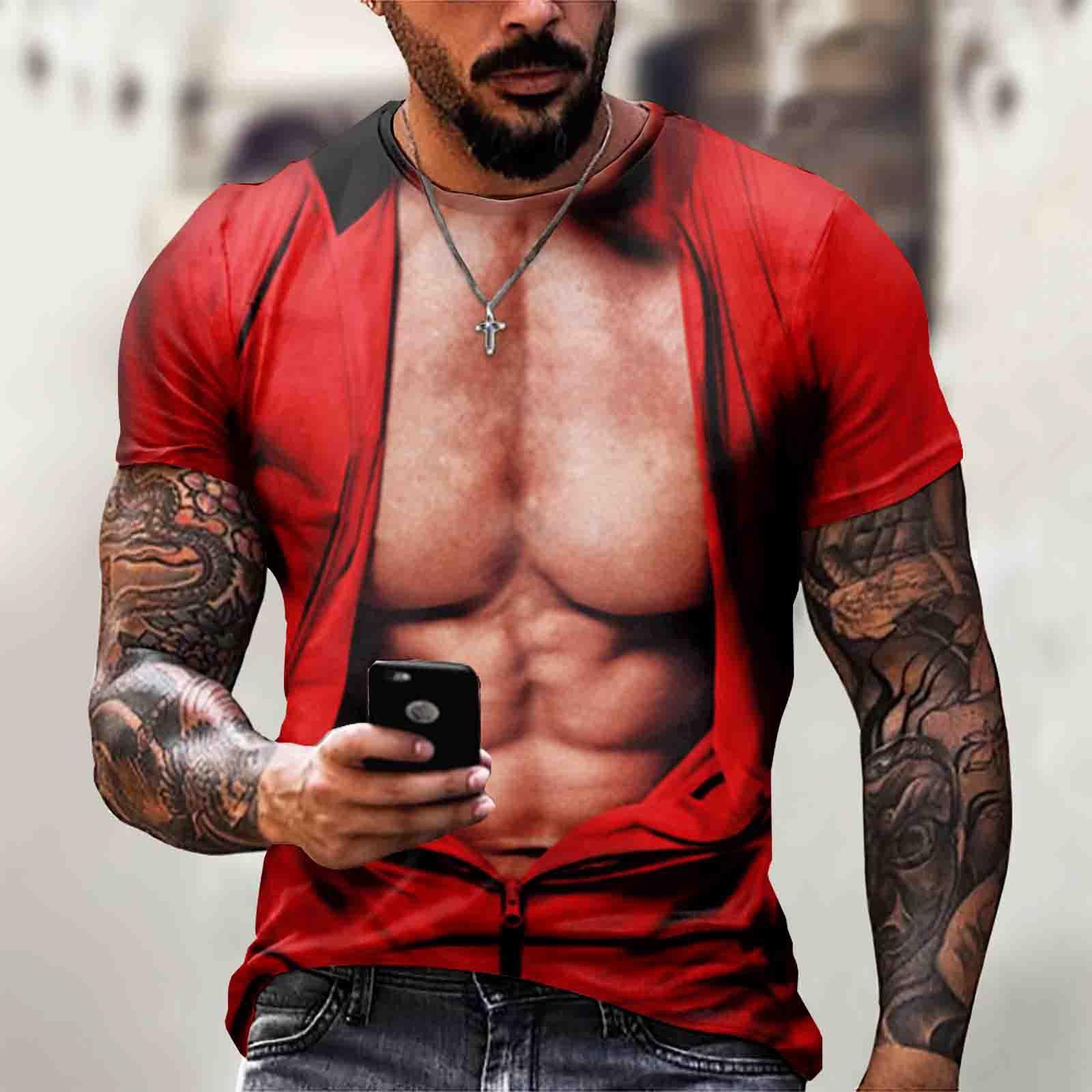 Long nose Gespierd 3D-T-shirt voor heren met korte mouwen, buikspier, casual trui met korte mouwen L rood