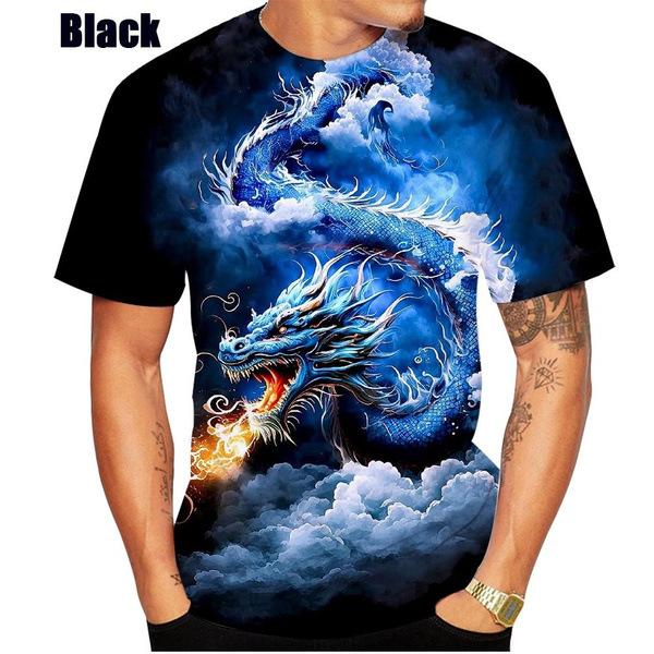 WowClassic Heren Dragon Patroon Tees Zomer T-shirts Heren Casual 3D Print T-shirt Mode O Hals Korte Mouw Tops 6XL zwart