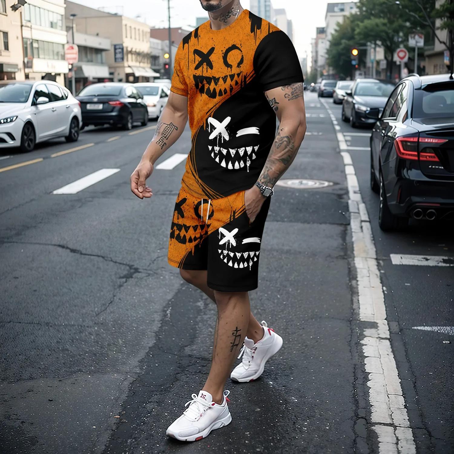 ETST 03 Zomer Korte mouwen Shorts Set voor Heren Sport 3D Print Grappig Emoji Patroon Mode Casual Losse Trendy Set voor Heren 6XL
