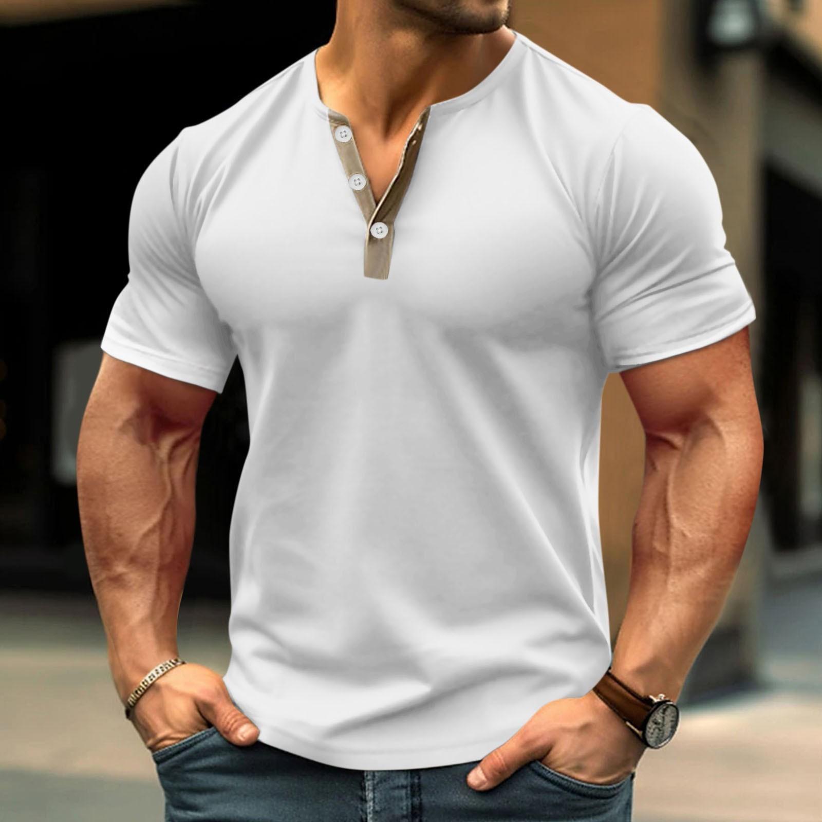 Wahaha123 Vintage zomer heren T-shirt streetwear 3 knoppen open vlieg losse kleding print korte mouw T-shirt XXL wit