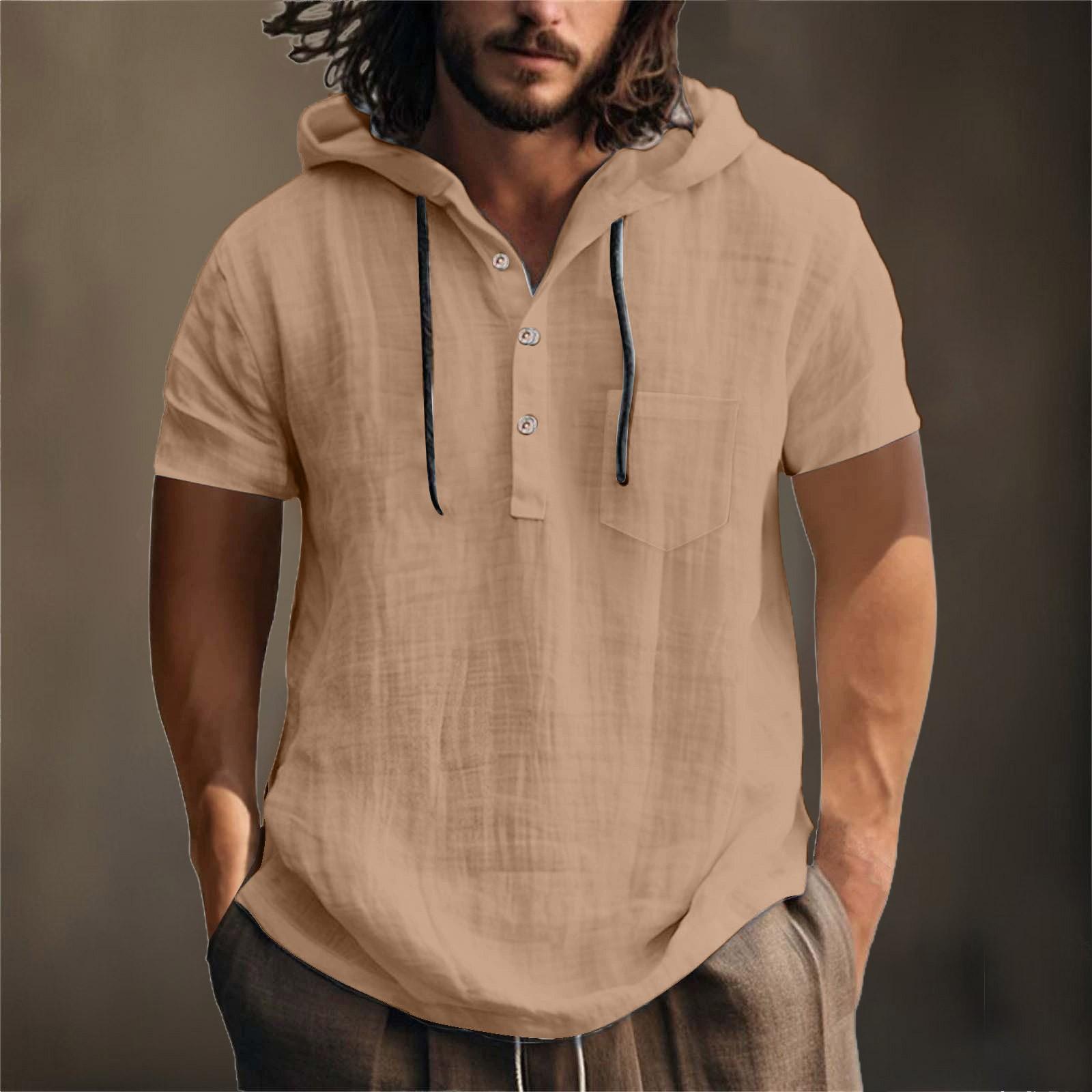 Tabajw Heren hoodie met korte mouwen, zomers katoen, hennep, katoen, dun, casual, effen kleur, los L