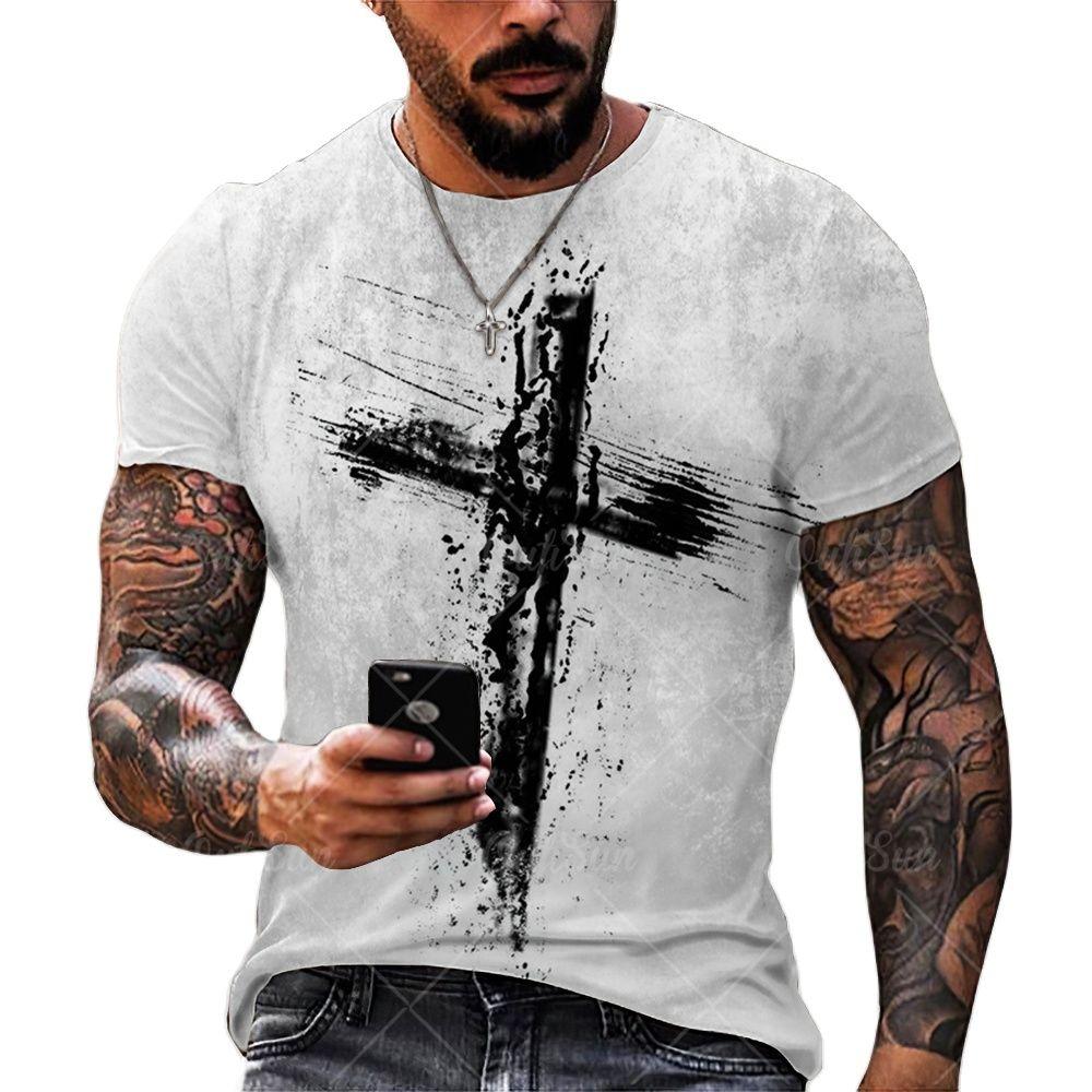 Xiao Xiang T-shirts voor heren Kruis Grafische Jezus Christus 3D-print Heren T-shirt Retro Klassiek Korte mouwen Losse persoonlijkheid Oversized Tops L