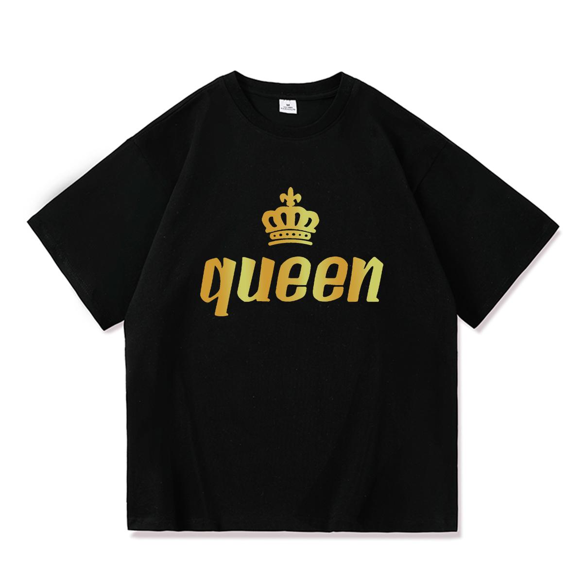 FEGKZLI Fashion 2023 Casual KONING KONINGIN Print Zomer Katoenen T-shirt Korte Mouw O Hals Losse Lovers T-shirt Vrouwen Mannen tops Tees 4XL zwart