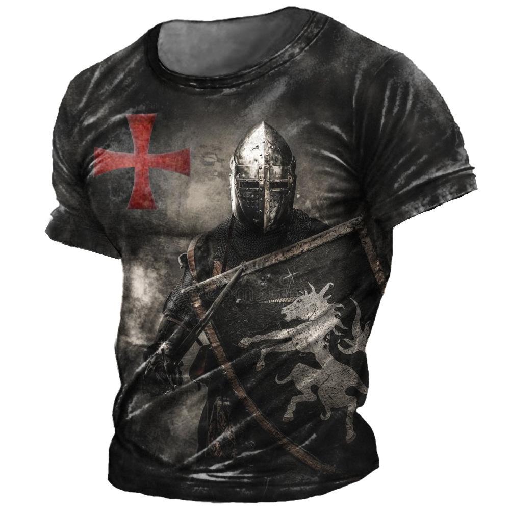 ETST WENDY Retro Tempeliers Print Heren T-shirts Zomer Losse Polyester Korte Mouw Mannelijke Tops Crusader Soldaat Kleding Kleding L