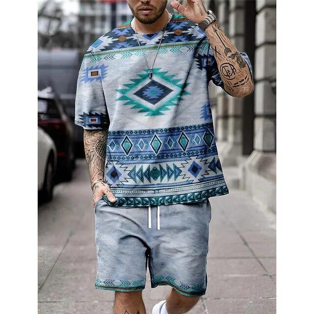 ETST WENDY 05 Zomer Mode Retro Print Heren T-shirt Set O-hals Korte Mouwen Top En Shorts Alledaagse Straat Commuter Vrijetijdskleding voor Mannen 6XL
