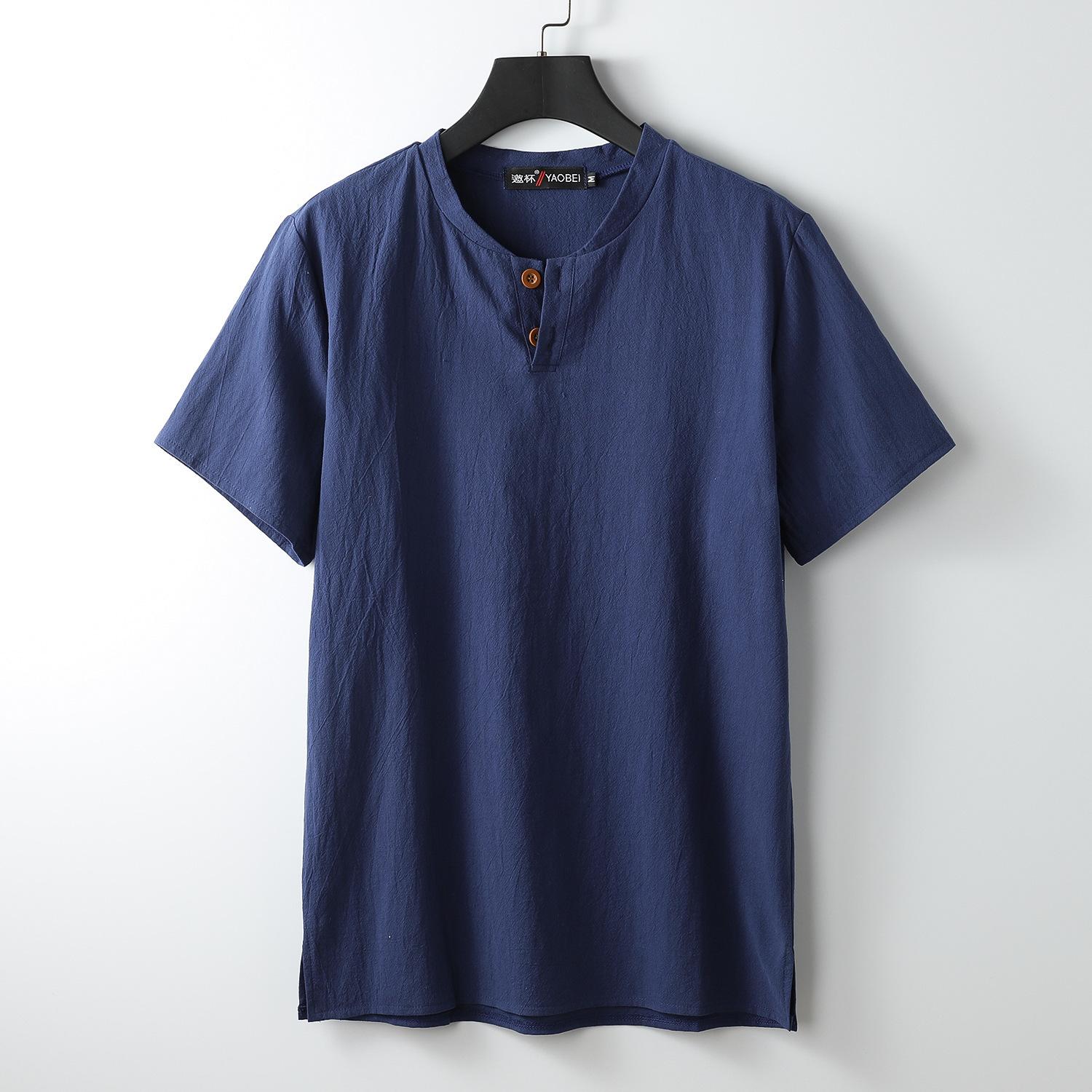 QGOOD Zomer Vest Heren Korte Mouwen T-shirt Katoen En Linnen Led Casual Heren T-shirt Shirt Mannelijke Ademend 7XL blauw