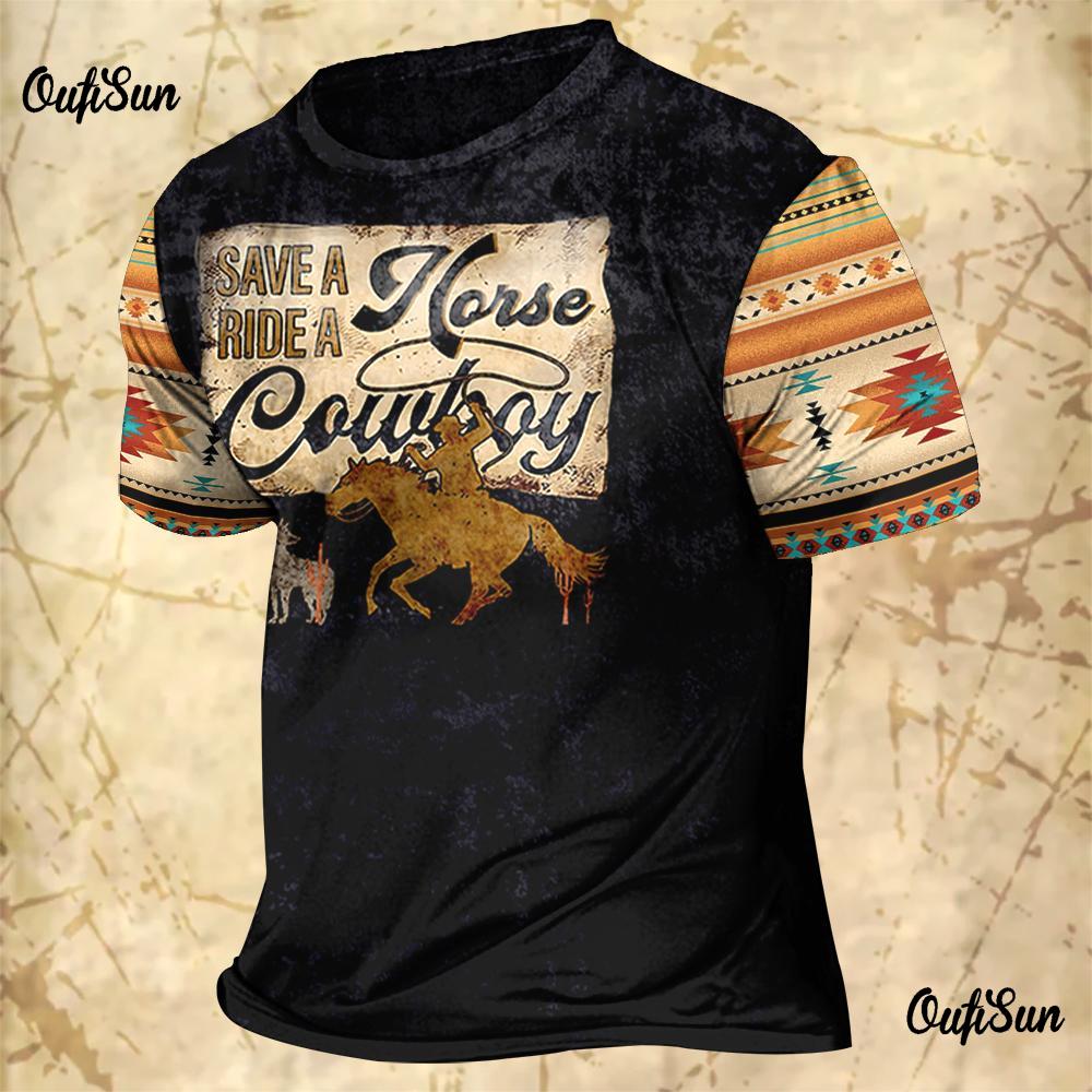ETST WENDY 005 Vintage T-shirts voor heren Cowboy-ontwerp Western America Tops 3D-geprint O-hals Oversized T-shirt Korte mouw Streetwear 2XL