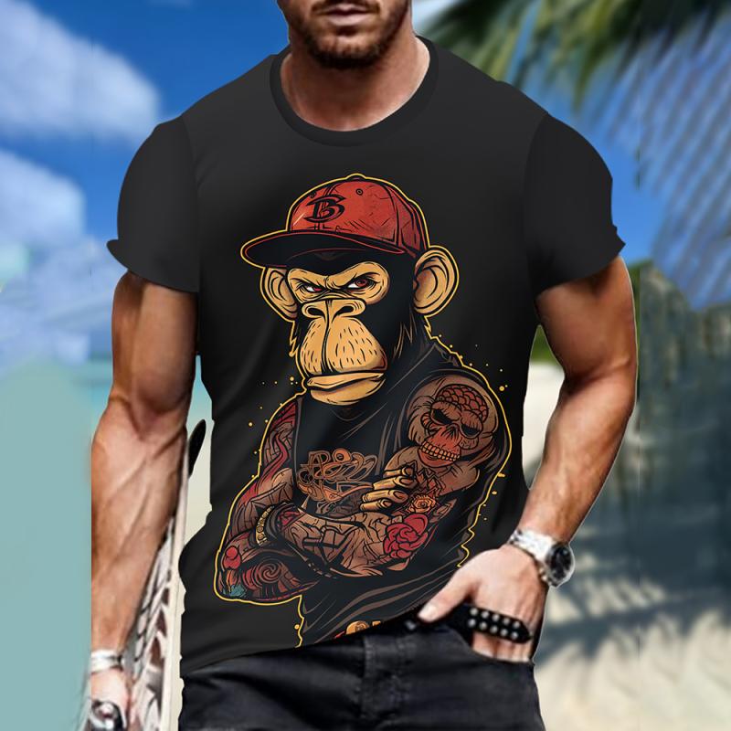 ETST 007 Heren T-shirts Cartoon Monkey 3D Print T-shirt Casual Korte Mouw Ronde Hals T-shirts Oversized Herenkleding Tops Outdoor Streetwear M