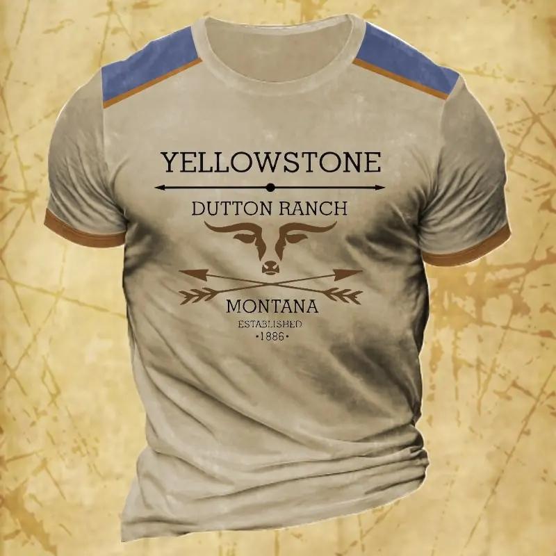 ETST 005 Nieuwe Vintage Stijl T-shirt Voor Heren Yellowstone National Park 3D Print Cowboy T-shirt Oversized Korte Mouw Top Casual Streetwear XL