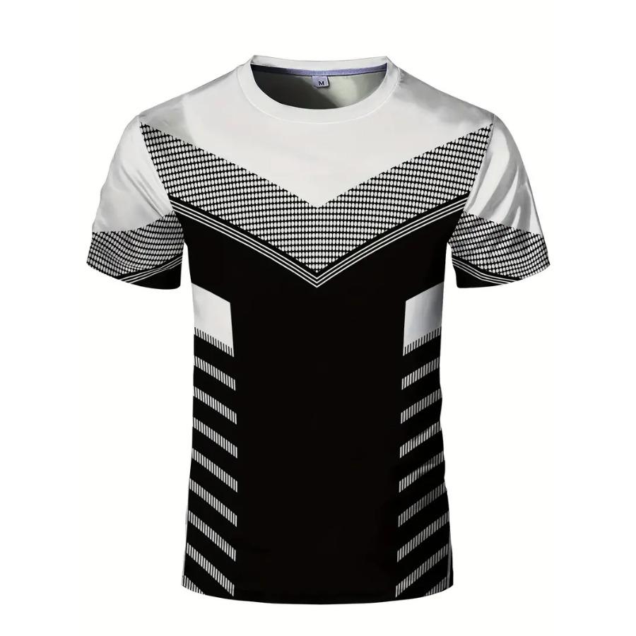 WowClassic Rekbaar geometrisch T-shirt met ronde hals - Snel drogend, vochtafvoerend, zomerfitness-, trainings- en sportkleding - Ideaal voor herensporten M wit