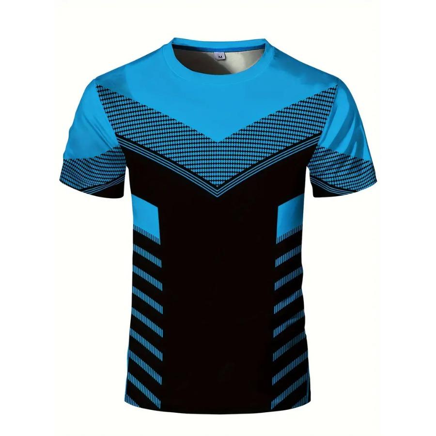 WowClassic Rekbaar geometrisch T-shirt met ronde hals - Snel drogend, vochtafvoerend, zomerfitness-, trainings- en sportkleding - Ideaal voor herensporten L blauw