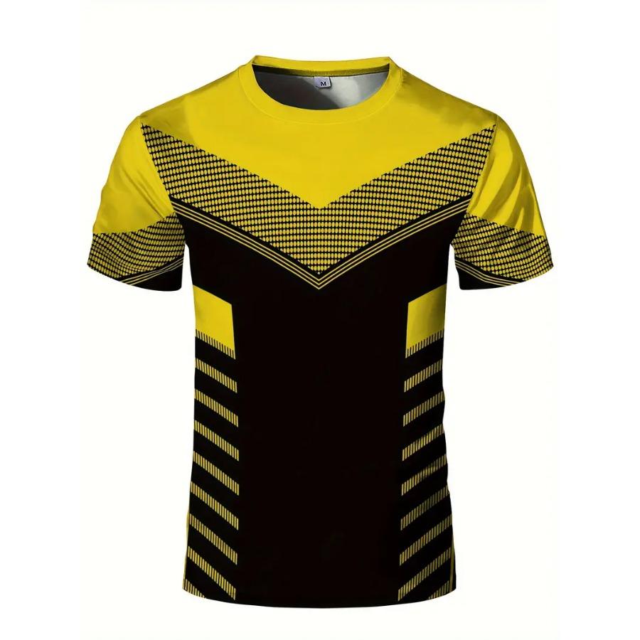 WowClassic Rekbaar geometrisch T-shirt met ronde hals - Snel drogend, vochtafvoerend, zomerfitness-, trainings- en sportkleding - Ideaal voor herensporten M geel