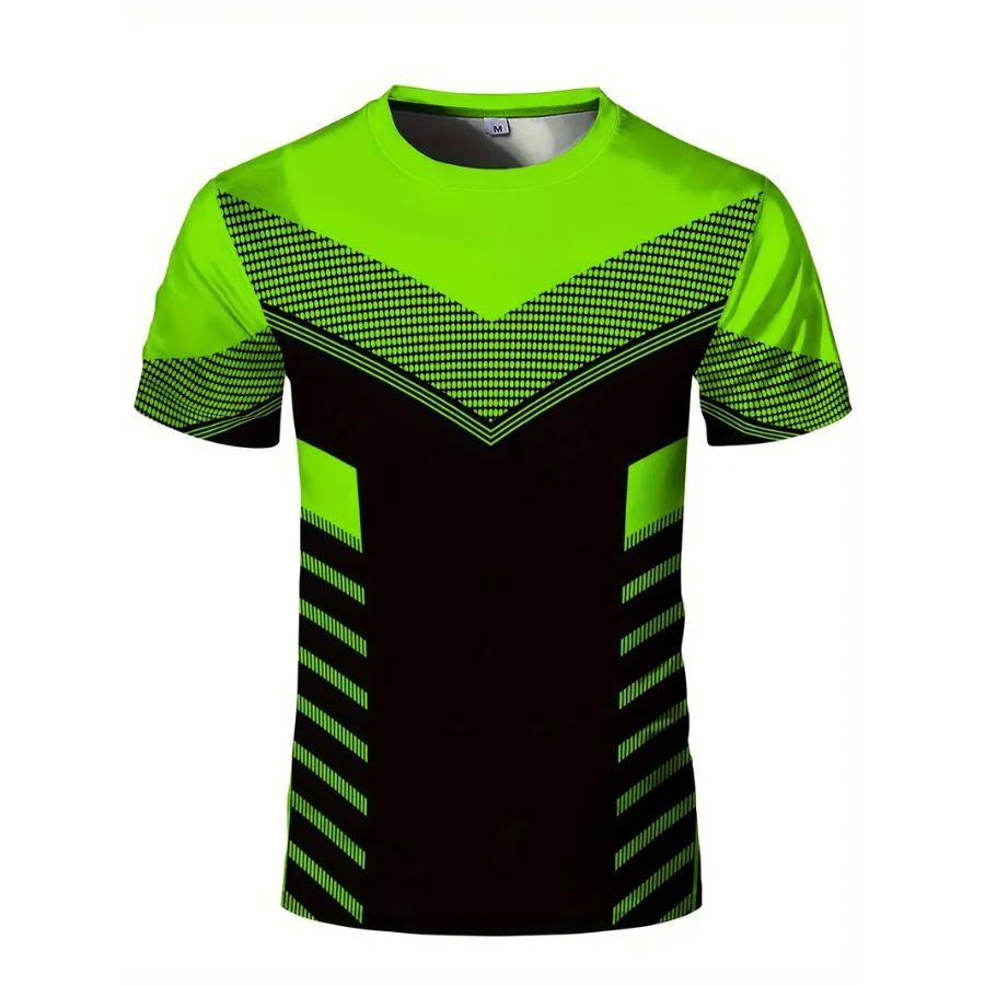 WowClassic Rekbaar geometrisch T-shirt met ronde hals - Snel drogend, vochtafvoerend, zomerfitness-, trainings- en sportkleding - Ideaal voor herensporten 4XL groen