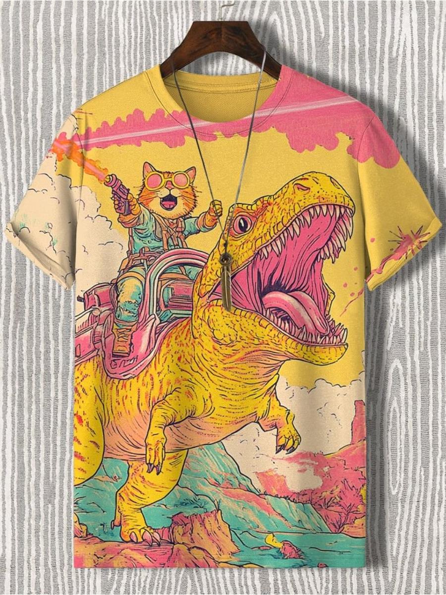 Chaokebang Grappige laserkat dinosaurus kunst 3D geprinte heren T-shirts heren dames korte mouwen O-hals T-shirt oversized losse casual cartoon tops XL