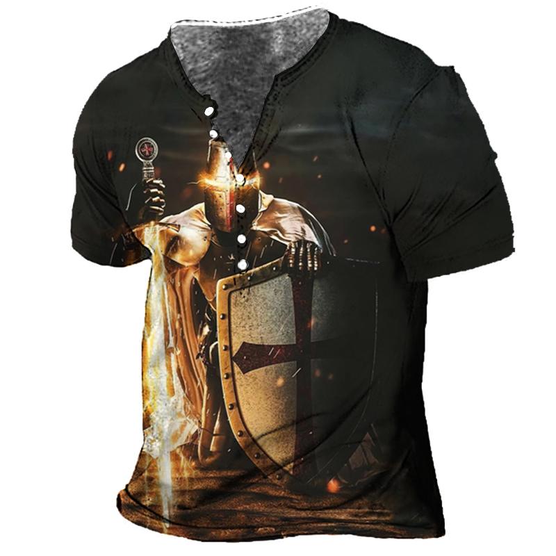 Explorer Outdoors Vintage T-shirt voor heren 3D-print Knight Henley-shirt V-hals korte mouwen oversized tops T-shirt herenkleding streetwear S