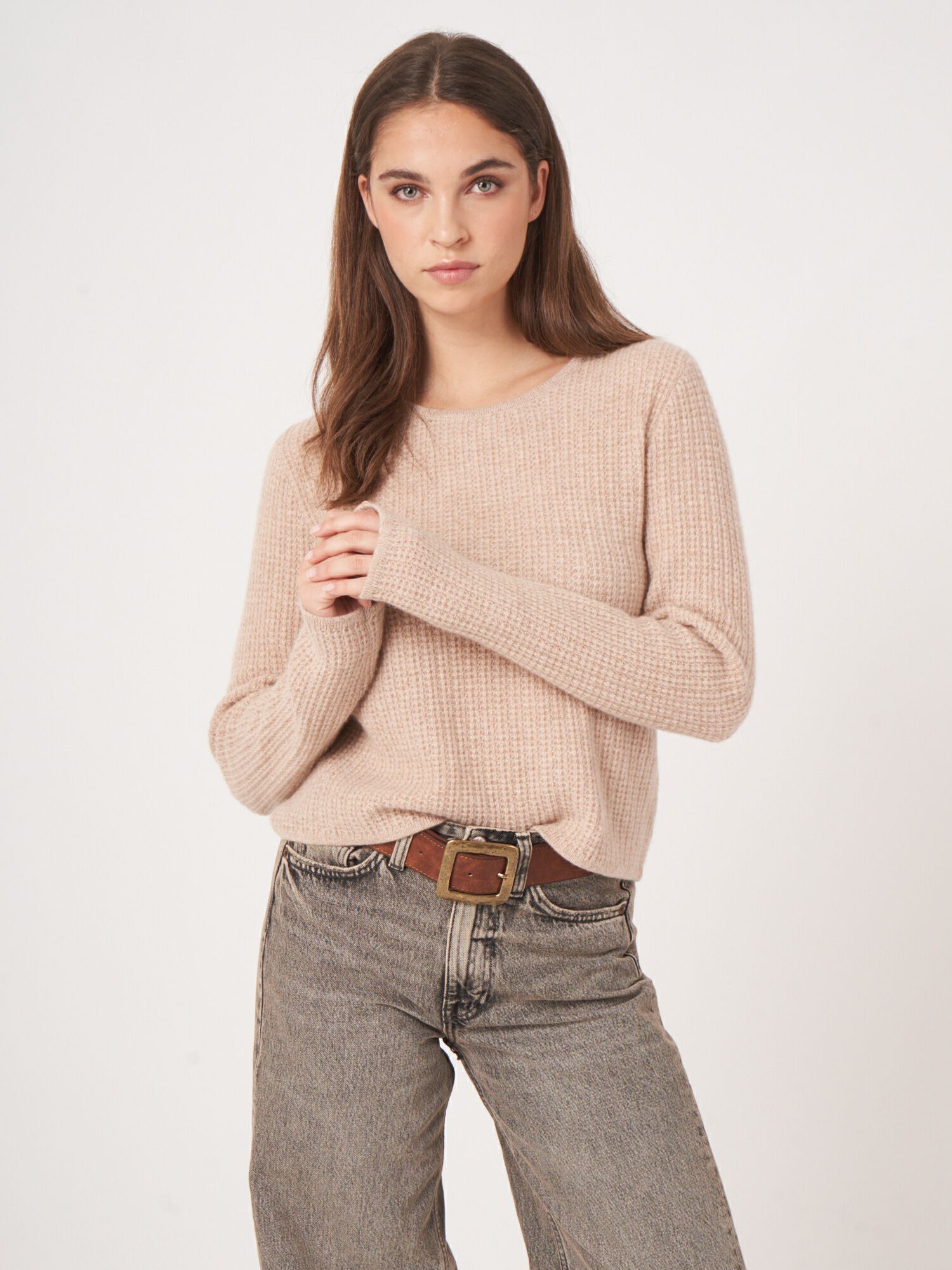 REPEAT cashmere Cashmere trui met textuur en ronde hals
