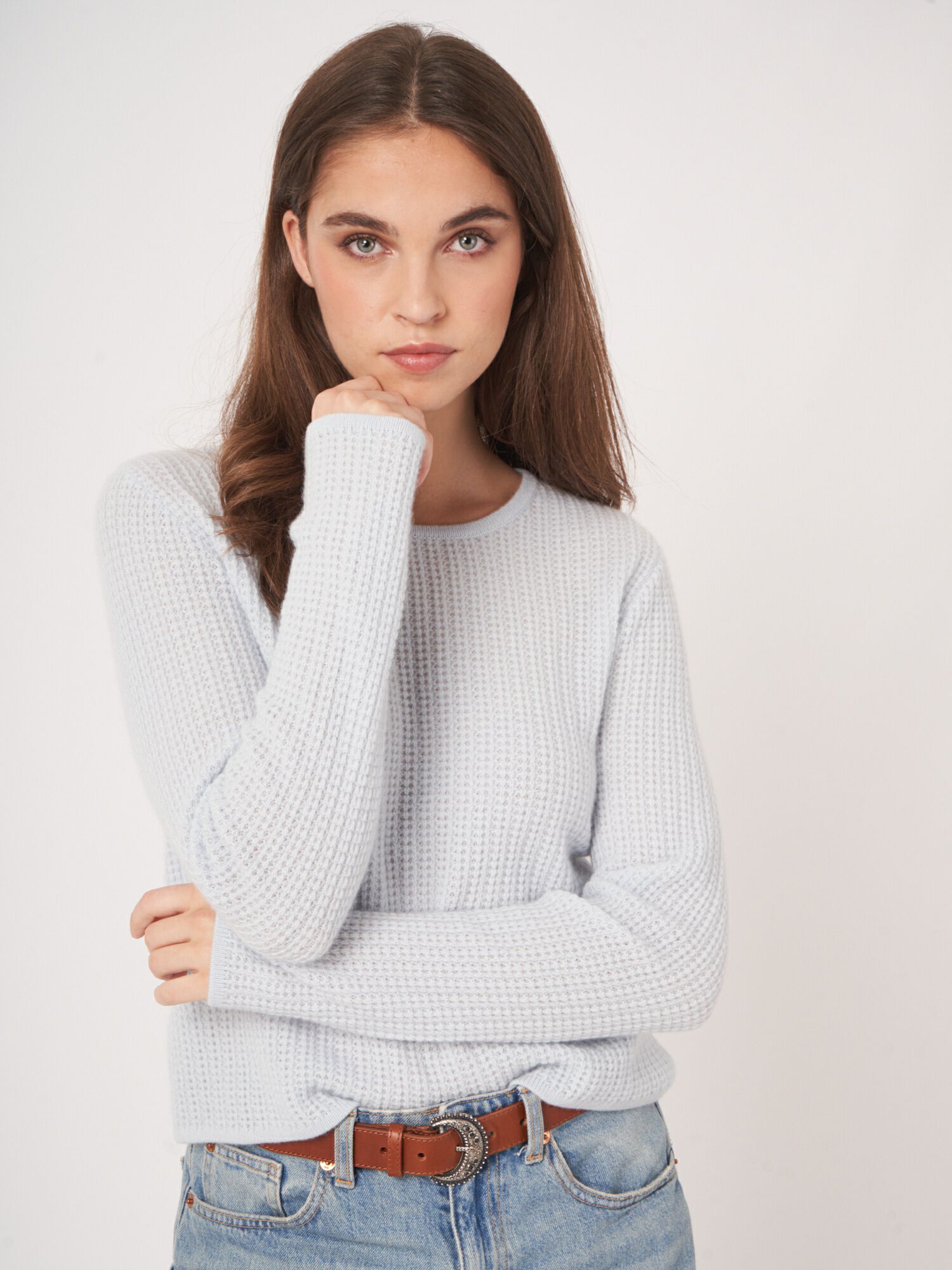 REPEAT cashmere Cashmere trui met textuur en ronde hals