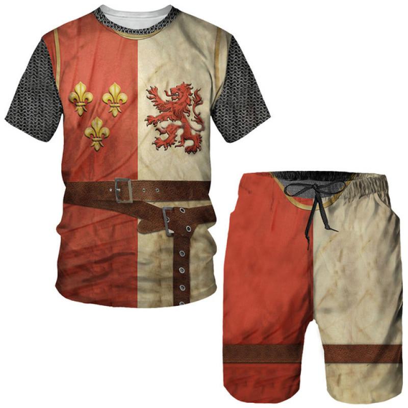 TIP723 Crusader Knight Print T-shirt Voor Mannen Hip Hop Tempel Harajuku O-hals T-shirts Mode Shorts 2 Stuk Outfit Sets vintage Kleding L