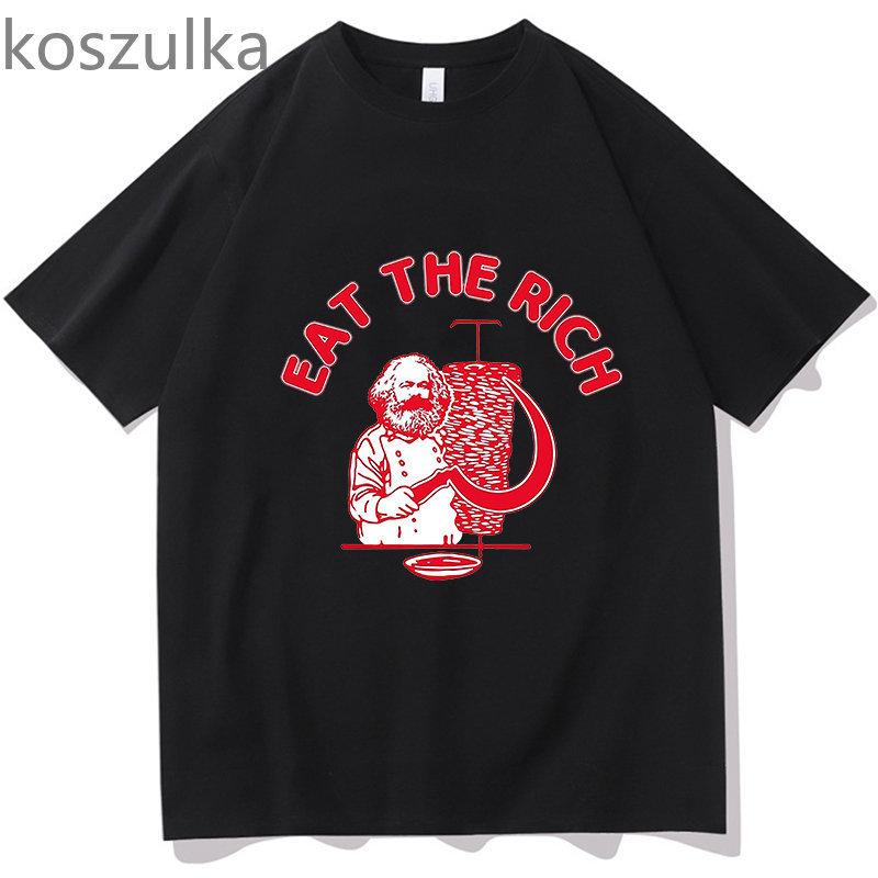 TENJINGE Trendy Eet de rijke Doner Kebab Karl Marx Socialist Hasan Piker Print T-shirts Heren Dames Casual Losse T-shirt Korte Mouw Streetwear S