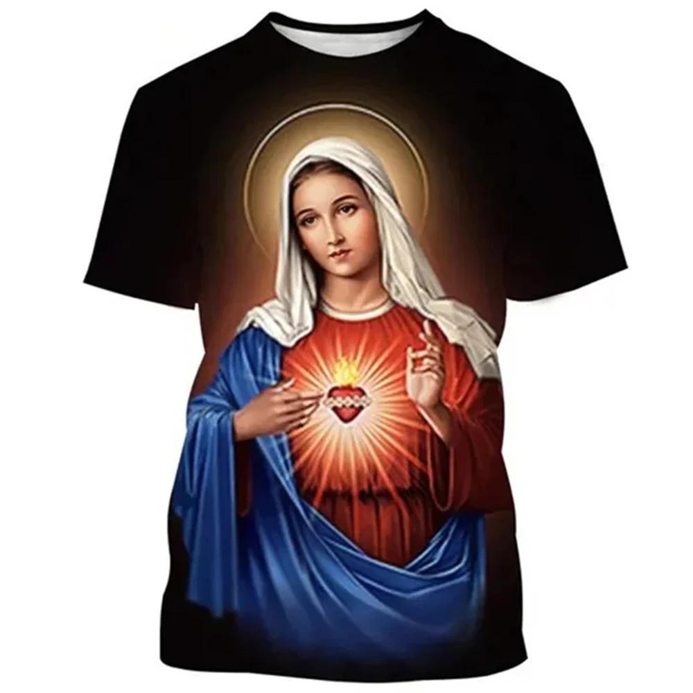 ETST 005 Zomer T-shirts met print van de Maagd Maria voor heren Harajuku Streetwear Korte mouwen Losse T-shirts Unisex Oversized Y2k Tops Kleding EU-maat M