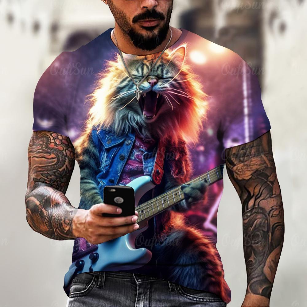Chaokebang Grappig T-shirt voor heren Zomer Korte mouw Dieren T-shirts Rock Cat 3d Print Mode Casual Straat Oversized Herenkleding 6XL