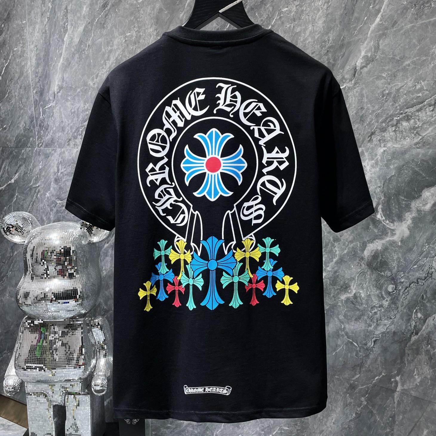 Chrome Hearts 8708  2025 Zomer Nieuw Hoge Kwaliteit Katoen Ronde Hals Losse Grote Maat Heren- en Dames T-shirt Koppel T-shirt XL zwart
