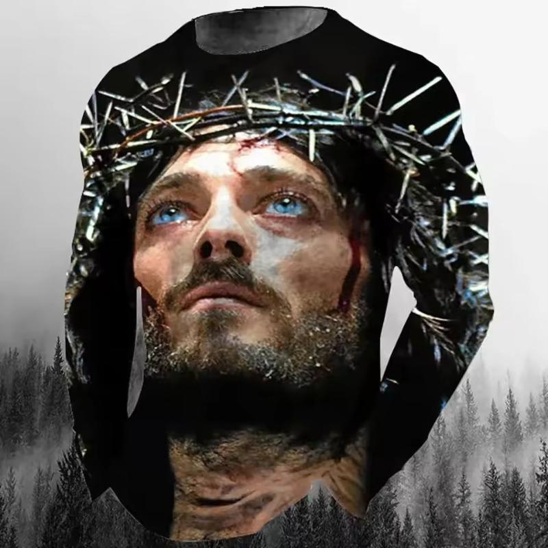 Forever Men Mode Casual Heren T-shirt met lange mouwen 3D-geprint Retro Jezus Christus Straatpersoonlijkheid Losse O-kraag Harajuku Oversized Top S