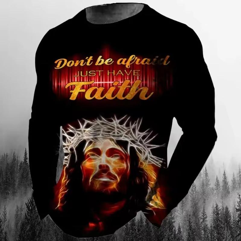Forever Men Mode Casual Heren T-shirt met lange mouwen 3D-geprint Retro Jezus Christus Straatpersoonlijkheid Losse O-kraag Harajuku Oversized Top 5XL