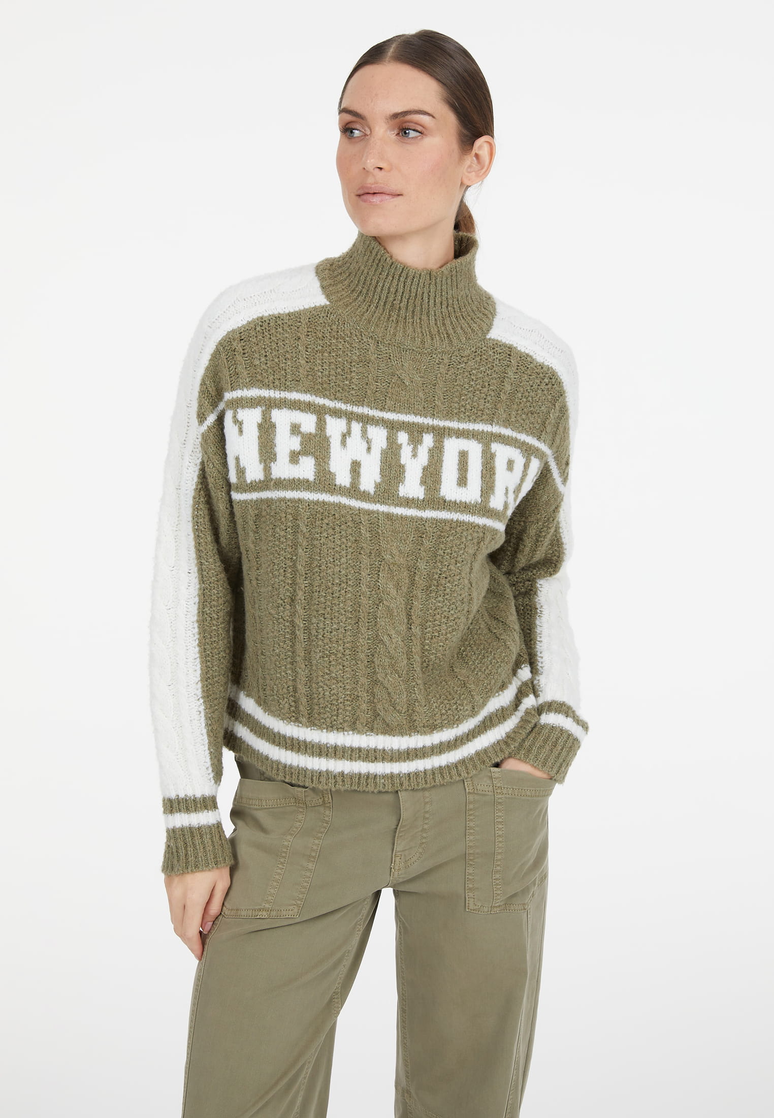 MARC AUREL Zopf-Pullover mit Logo-Intarsien