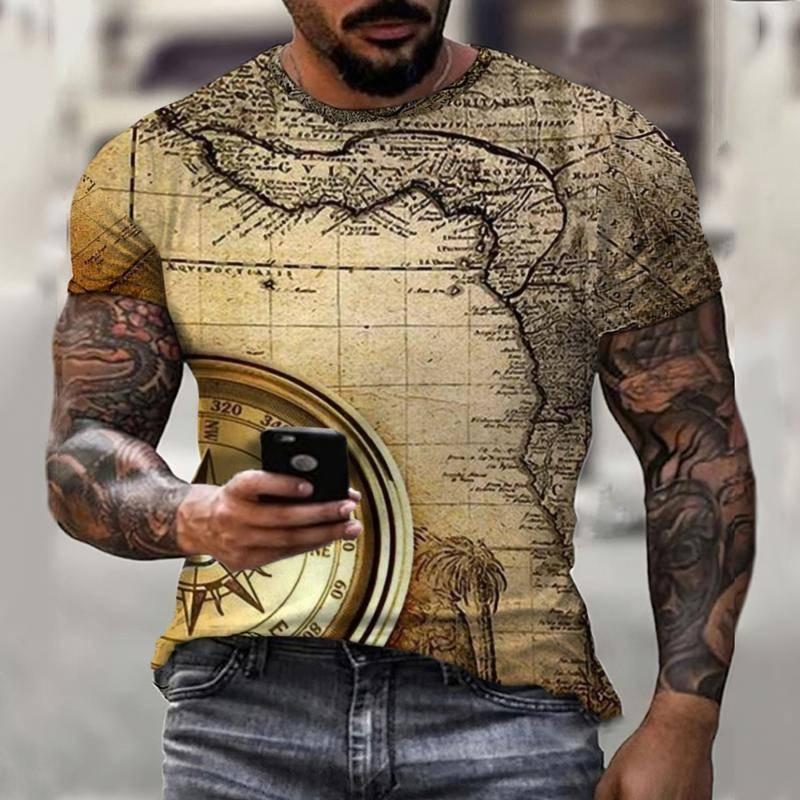Wengy 2 Zomer Vintage Kompas T-shirt Mannen 3D Afdrukken T-shirt Mode Straat Harajuku T-shirt Korte Mouw Oversized Top Herenkleding XS