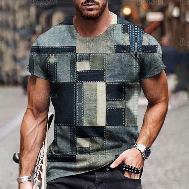 Chengyu Heren T-shirt 3D Digitaal Patchwork Grafische Print Korte Mouw T-shirts Comfortabel Casual Elastische Ronde Hals Heren Buitenactiviteiten Top M