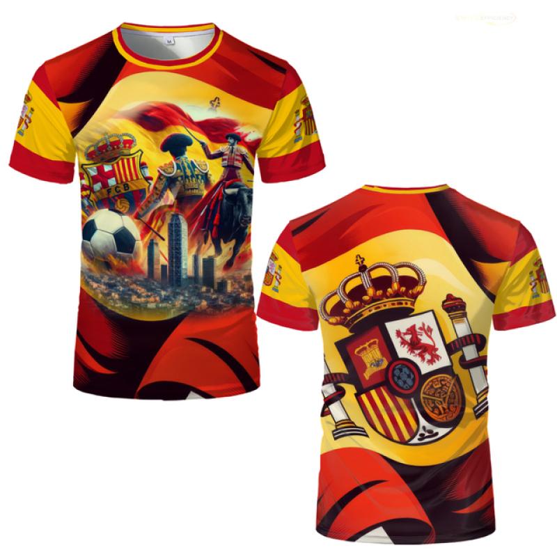 ETST WENDY 005 Spanje Scenic Spot Herdenkings T-shirt - Levendige Stierengevecht & Voetbal Print, T-shirt Man Vlag Spanje 3XL