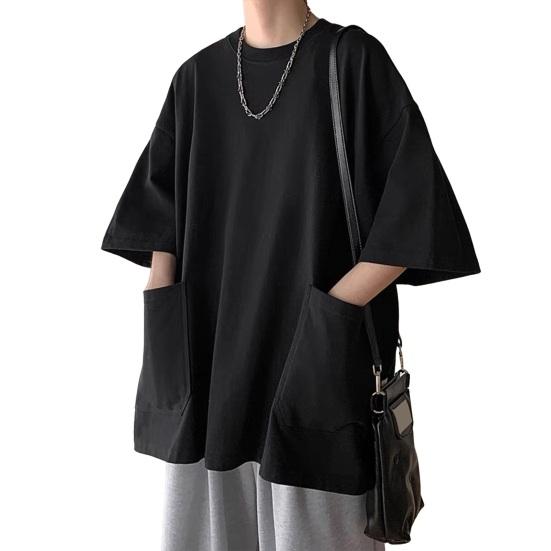 Tianhangyuan Zomer Heren T-shirt Ronde Hals Los Mid Lengte Effen Kleur Plus Size Zakken Halve Mouwen Streetwear Outdoor Top 4XL zwart