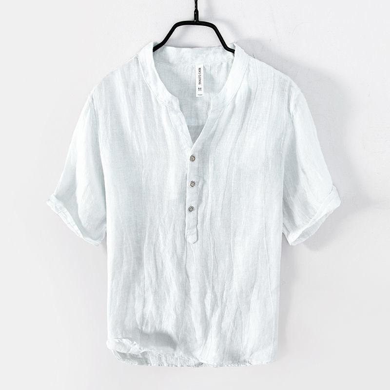 EMOOS Zomer intage Pure Linnen Korte Mouw T-shirt voor Heren Dunne Effen Kleur Slanke Herenkleding Grote Maat 5XL XXXXXL wit