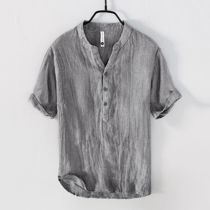 EMOOS Zomer intage Pure Linnen Korte Mouw T-shirt voor Heren Dunne Effen Kleur Slanke Herenkleding Grote Maat 5XL XXL grijs