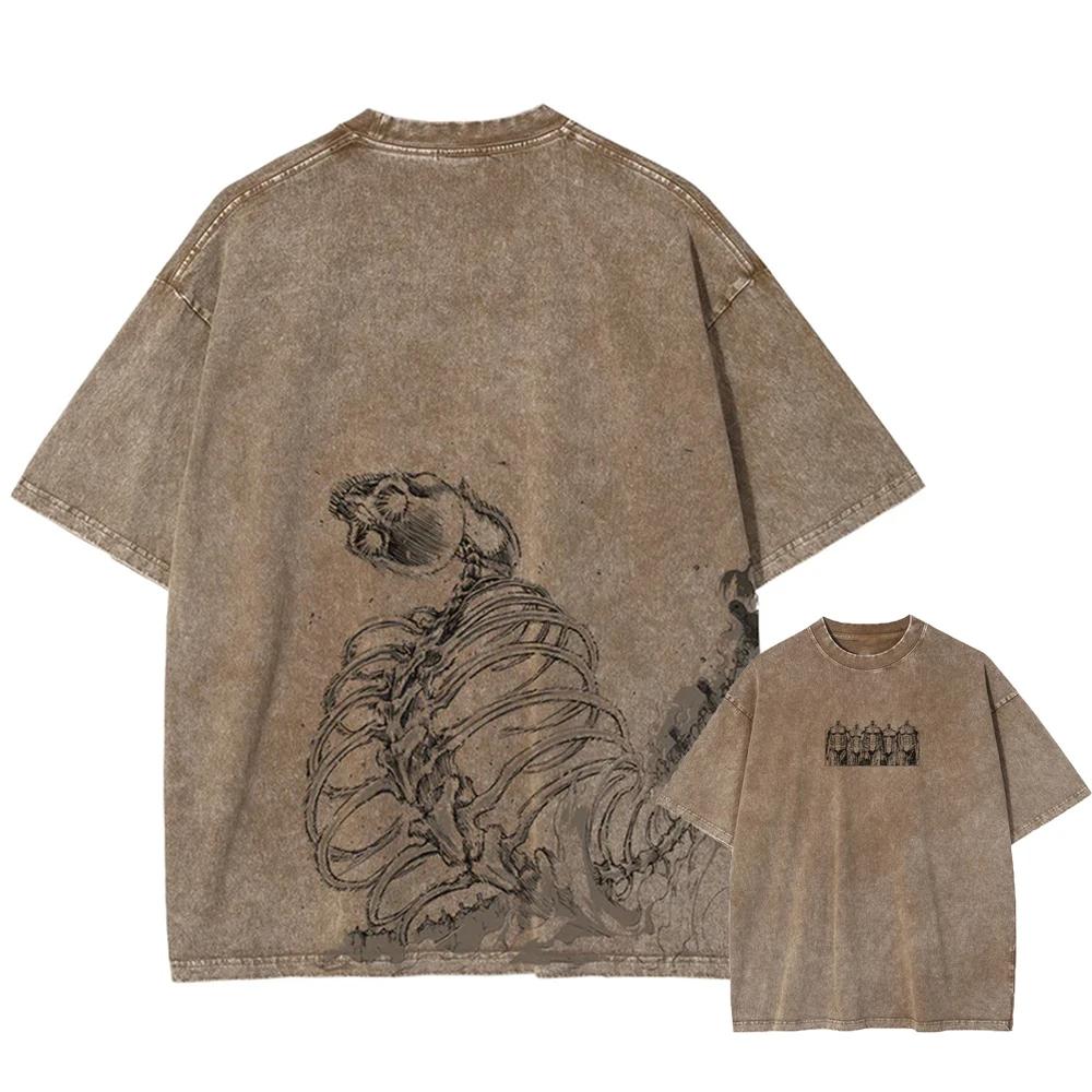 Washed T Shirt top No.1 Heren gewassen anime Attack on Titan T-shirt hiphop streetwear grafische print oversized T-shirt korte mouwen katoenen losse vintage tops M